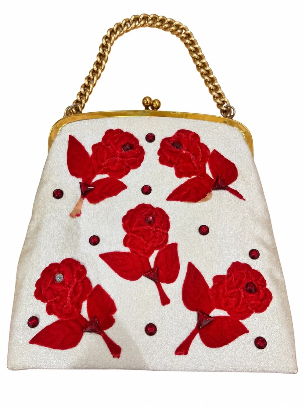 Vintage Jolles Red Floral Appliqué Clutch with Gold Chain Handle